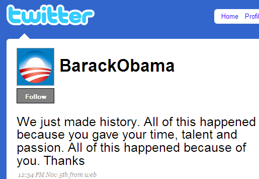 Barack Obama on Twitter Barack Obama's latest/last post on Twitter.