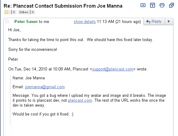 This is a screenshot of Plancast Email Support