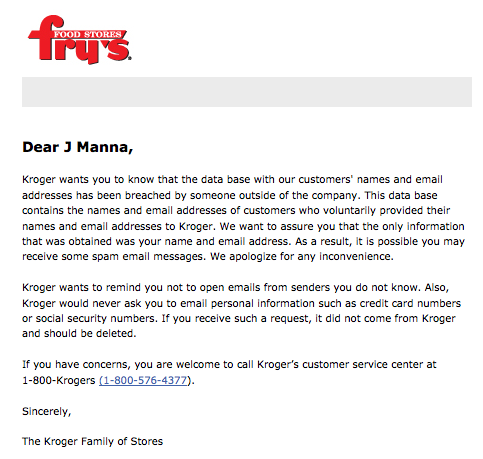 Screenshot of an email message from Kroger/Frys