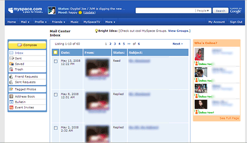 MySpace Screenshot of Mail System