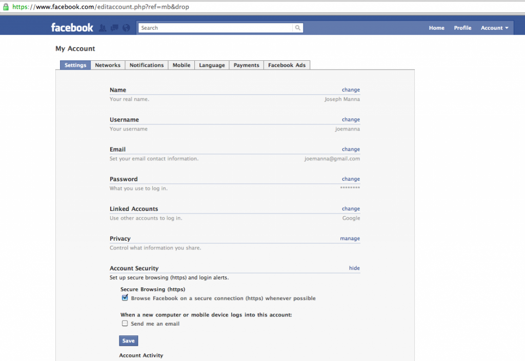 Facebook Account Settings - HTTPS