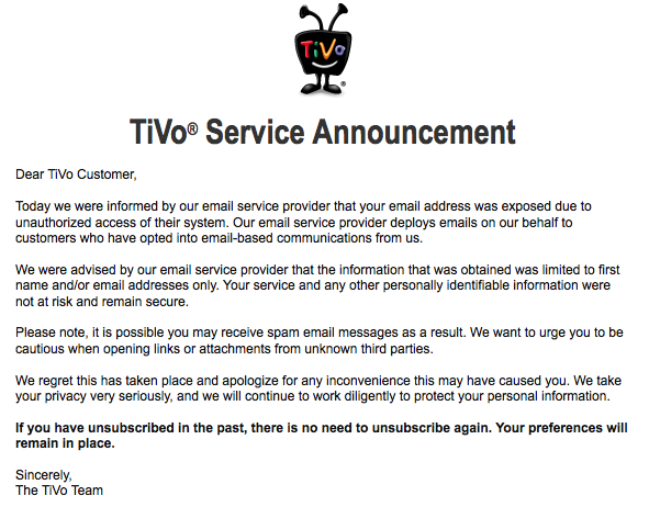 Screenshot of an email message from TiVo